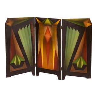 Hand Painted 1930's Deco/Cubist Three Panel Folding Tabletop Screen For Sale