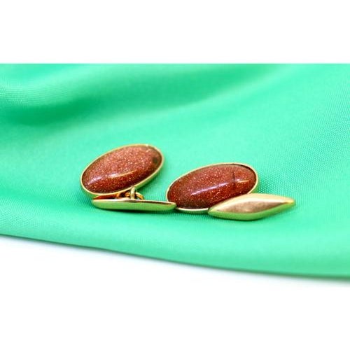 Metal Gold Cufflinks with Oval Brown Stone, Set of 2 For Sale - Image 7 of 8