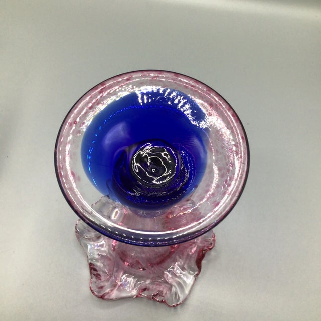Pink Murano Colbalt Blue With Pink Swirl Floral Studio Art Glass Vases - A Pair For Sale - Image 8 of 12