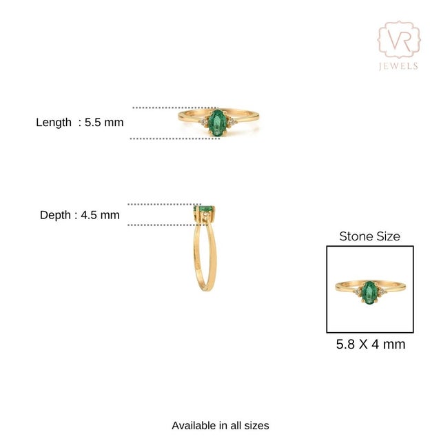 14k Yellow Gold Three Stone Ring Size 6.5 With Oval Cut Natural Emerald & Diamond For Sale - Image 9 of 13