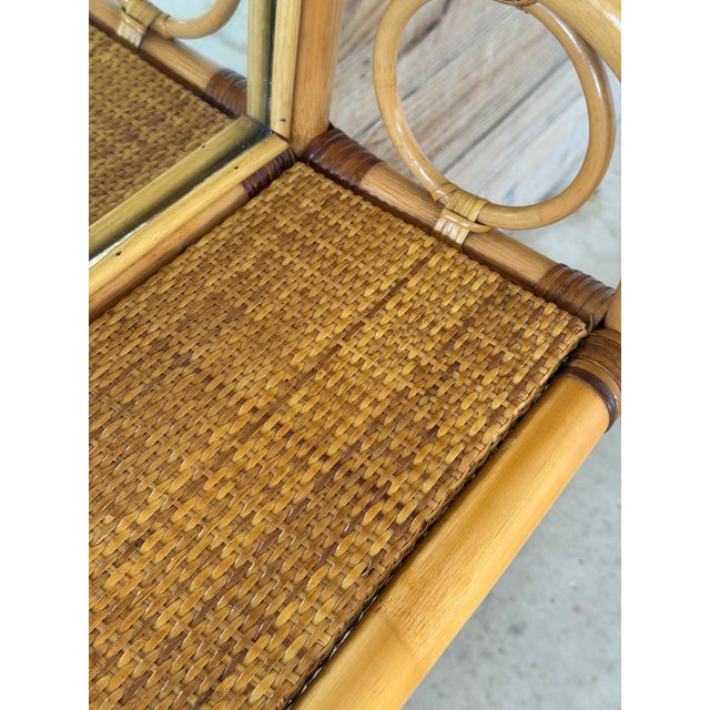 Mid-Century Modern Vintage Coastal Boho Rattan Fan Back Wall Mirror With Woven Shelf For Sale - Image 3 of 12