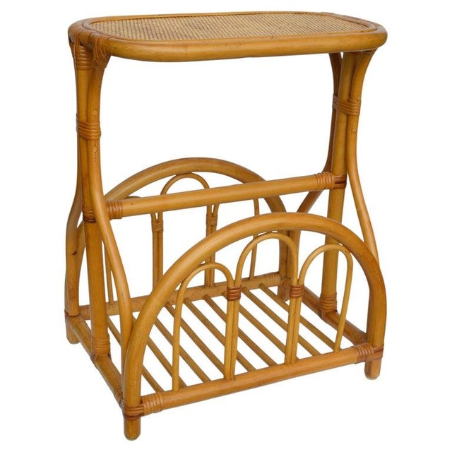 Tropical American leader's casual furniture Mid-Century Modern side, sofa table in Wicker, Cane, Leather Corners and bent...