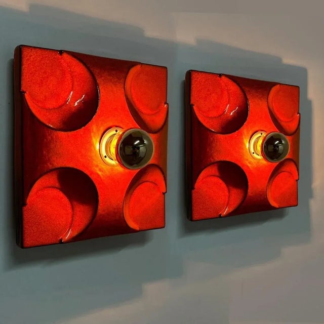 German Orange Square Ceramic Wall Lights, 1970, Set of 2 For Sale - Image 4 of 11