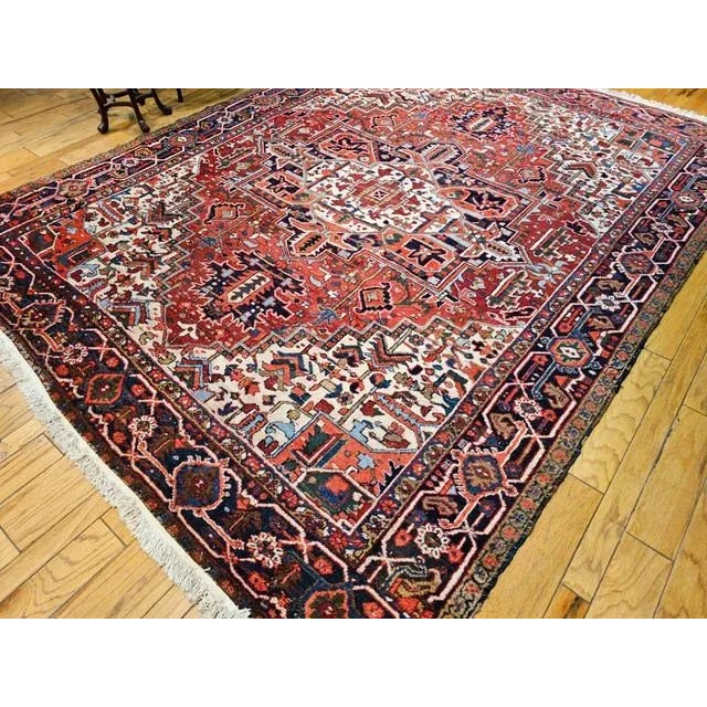 Vintage Room Size Heriz, Handwoven Geometric Medallion Pattern, Red & Navy, 9’ X 11’ For Sale - Image 9 of 12