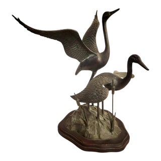 Vintage Bronze Sandhill Crane Verdigris Table Sculpture Art For Sale
