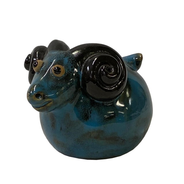 Handmade Navy Blue Ram Small Ceramic Animal Figure Display Art For Sale - Image 4 of 9