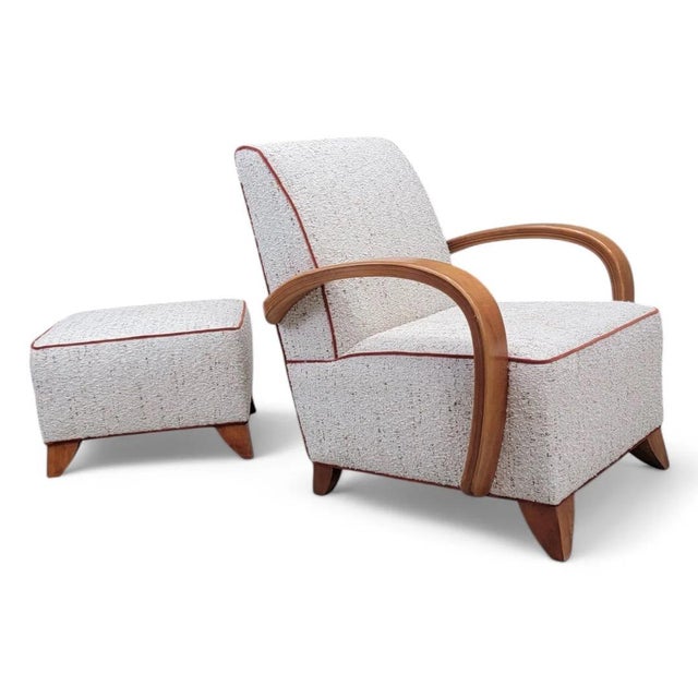Mid 20th Century Art Deco Jindrich Halabala Style Lounge Chair & Ottoman Newly Reupholstered in Boucle For Sale - Image 5 of 9