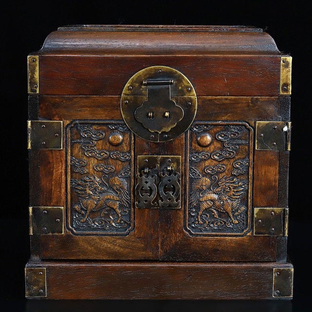 Vintage Rosewood Official Cabinet Jewelry Box, Hand Carved Kylin With Brass Hardware For Sale - Image 4 of 9