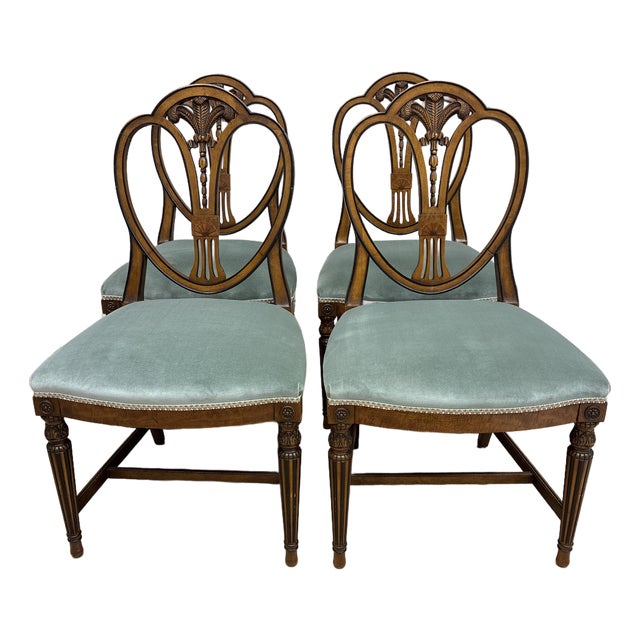 Mid 20th Century Classic Hepplewhite Style Shield Back Side Dining Chairs With Green Velvet and Trim Upholstery, Set of 4 For Sale