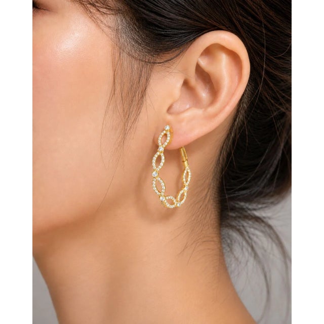 Traditional 14K Yellow Gold Diamond Hoop Earrings French Clip Estate For Sale - Image 3 of 3