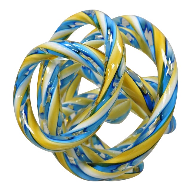 Murano Art Glass Swirl Infinity Love Knot in Blue and Yellow For Sale