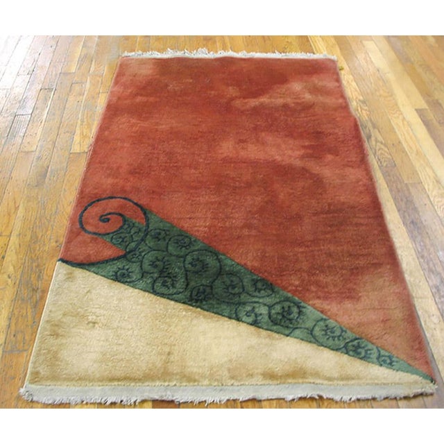 1930s Coral Chinese Knotted Small Scatter Size Rectangle Wool - Art Deco Antique Rug, Circa Date: 1930s. This exceptional...