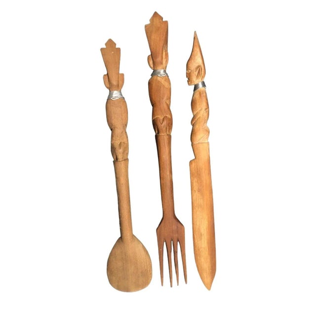 Mid Century Tribal Hand Carved Wooden Serving Utensils- Set of 3 For Sale - Image 12 of 12