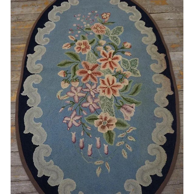 Mid 20th Century American Hooked Rug ( 2'6" x4'10" - 76 x 147 ) Vintage American Hooked Rug American Blue 1950s, Circa...