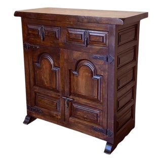 19th Spanish Baroque Carved Walnut Narrow Two Drawer Credenza or Buffet For Sale