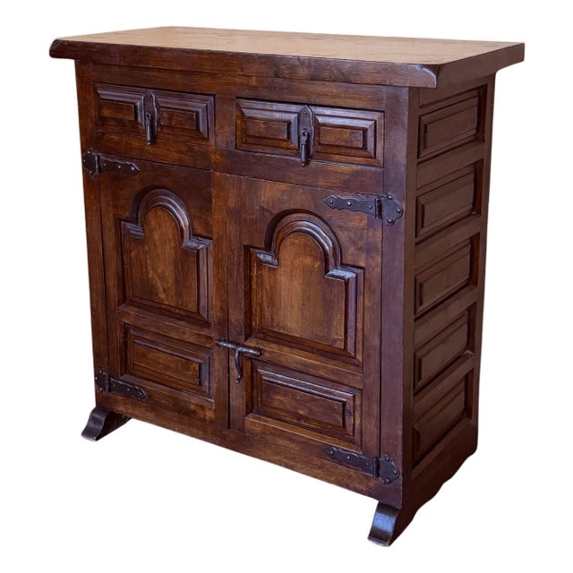 19th Spanish Baroque Carved Walnut Narrow Two Drawer Credenza or Buffet For Sale