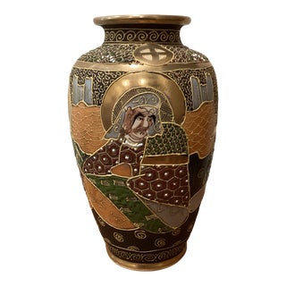 Antique Early 20th Century Handmade Hand Painted Satsuma Gold Figural Immortals Porcelain Vase, Japan For Sale
