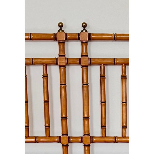 1960s Chinese Chippendale Faux Bamboo Queen Headboard With Brass Finials For Sale - Image 4 of 8