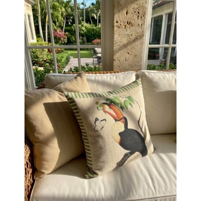 Vintage British Colonial Style Linen Toucan Accent Pillow For Sale - Image 9 of 12