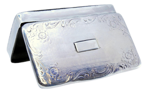Silver Snuff Box with Engravings, Monogram Card and Hinged Lid with Garlands and Flowers