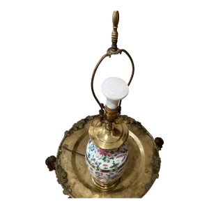 Vintage Chinoiserie Handmade Hand-Painting Chinese Flowers Motifs Porcelain Table Lamp With Brass Base