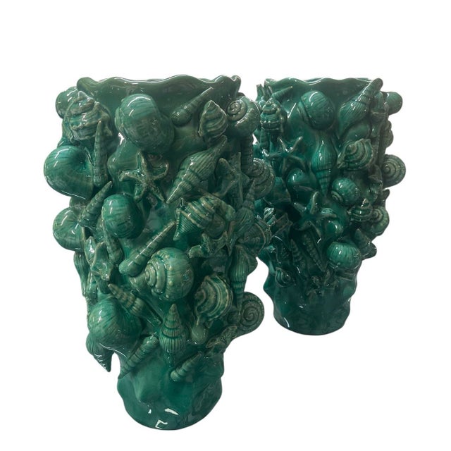2020s Pair of Mid-Century Italian Green Glazed Majolica Seashell Vases For Sale - Image 5 of 10