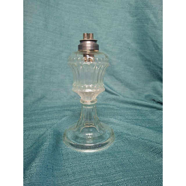 Metal Matched Pair Antique 1830s-1850s Flint Glass Whale Oil Lamps Pewter Burner For Sale - Image 7 of 14