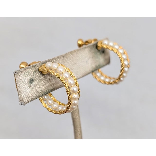 Metal Vintage 1980s Signed Napier Goldtone Faux-Pearl Hoop Clip Earrings-2 Pieces For Sale - Image 7 of 8