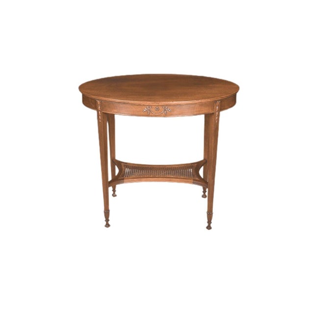 1930s Antique English Hepplewhite Carved Bellflower Mahogany Caned Oval Side Table For Sale - Image 5 of 12