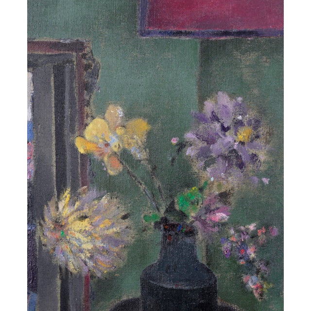 Vase at Dusk - Expressionist Still Life Original Oil Painting by Wright Brightly colored flowers sit in a vase on a table...