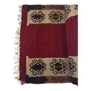 Flat-Weave Turkish Textile. Repeating Tribal Medallions Woven Into a Bold, Solid, Crimson Field