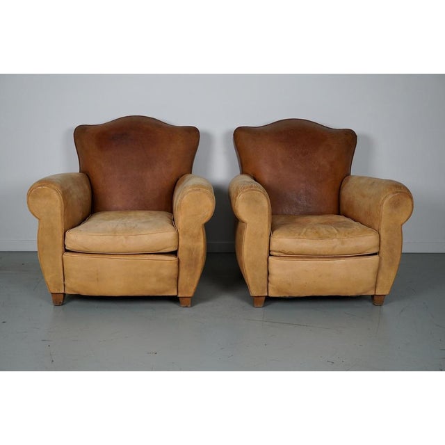 French Club Armchairs with Leather File Mustache Cognac, 1940s, Set of 2 For Sale - Image 3 of 18