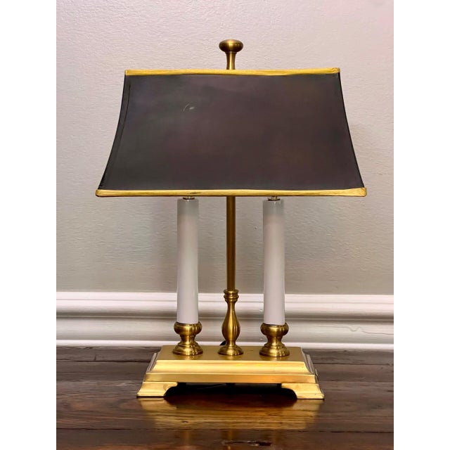 Late 20th Century Late 20th Century Small Brass Twin Candle Bouillotte Style Lamp With Black Parchment Shade For Sale - Image 5 of 17