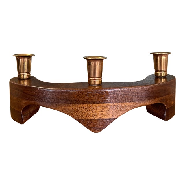Vintage Mid-Century Modern Wood and Brass Toned 3-Light Decorative Candle Holder For Sale