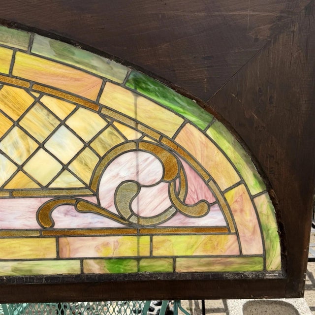 Antique Art Nouveau Colored Stained Glass Fruit 27 X 75 Arched Transom Window, B For Sale In Philadelphia - Image 6 of 18