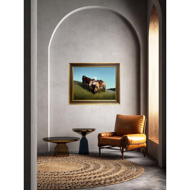Rising by Derek Harrison | Oil on Linen of two figures with horses at dusk For Sale - Image 4 of 5