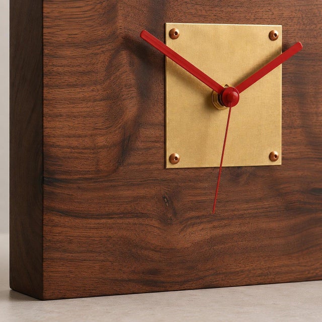 Late 20th Century Solid Walnut Desk Clock With Brass Center Plate For Sale - Image 4 of 12
