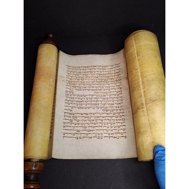 Antique 19th C Megillat Esther Parchment Scroll Ashkenazi Script Wood Roller For Sale - Image 11 of 17