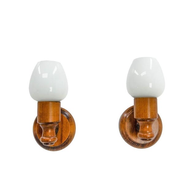 1970s French Beech & Opaline Glass Wall Lights, 1970s, Set of 2 For Sale - Image 5 of 8