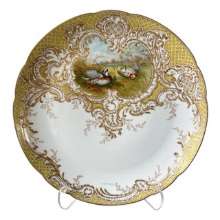 “The American Quail” After A. Pope Mustard Color, Handpainted, and Marked Decorative Porcelain Plate With 18kt Gold For Sale
