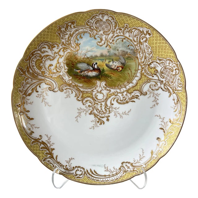 “The American Quail” After A. Pope Mustard Color, Handpainted, and Marked Decorative Porcelain Plate With 18kt Gold For Sale