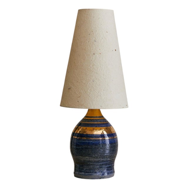 1960s French Gilt Ceramic Table Lamp with Paper Shade by Georges Pelletier For Sale