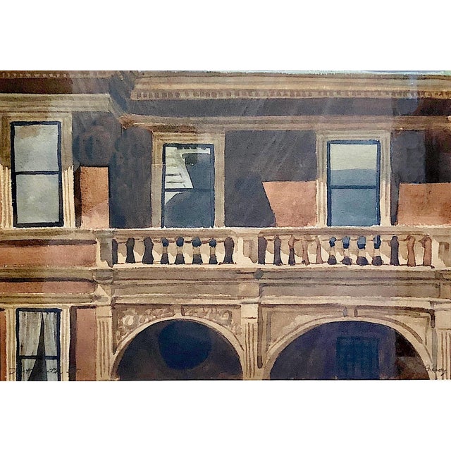 On the face of it, this artwork shows a building's facade with a balustraded balcony and arched loggias. But there’s...