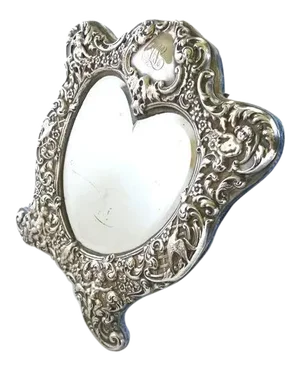 Antique Black Starr & Frost Heart Shaped Sterling Silver Dressing Mirror Easel Back