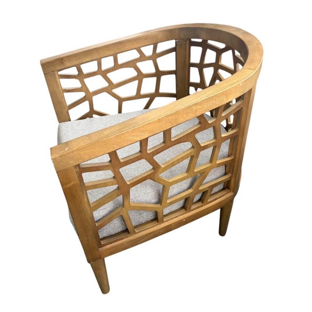 2000 - 2009 Mid-Century Modern Organic Lattice Teak Barrel Chair With Linen Cushion For Sale - Image 5 of 12