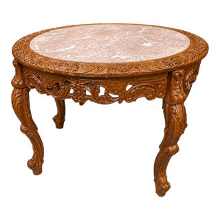 Mid 20th Century Ornate Carved Wood Round Dining Table With Marble Top For Sale
