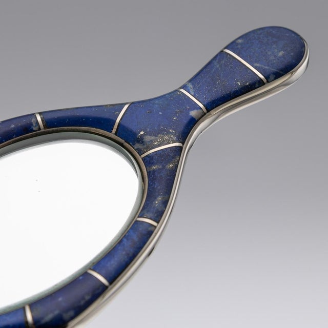 Blue Antique 20th Century Continental Silver & Lapis Lazuli Mounted Miniature Mirror, 1900 For Sale - Image 8 of 9