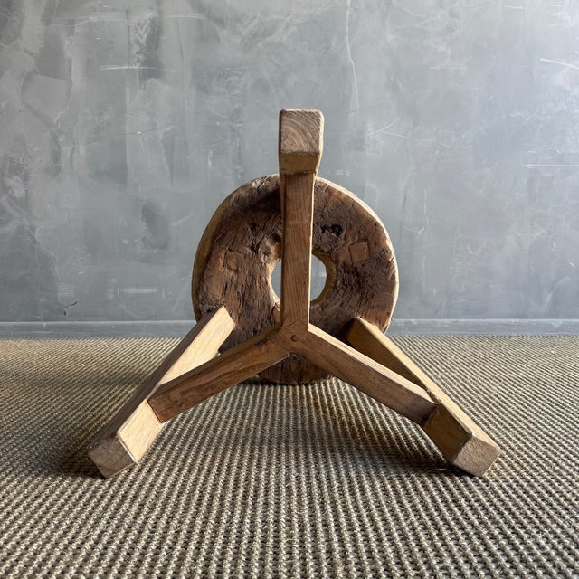 Brown Vintage Elm Wood Wheel Table #4b6 For Sale - Image 8 of 9