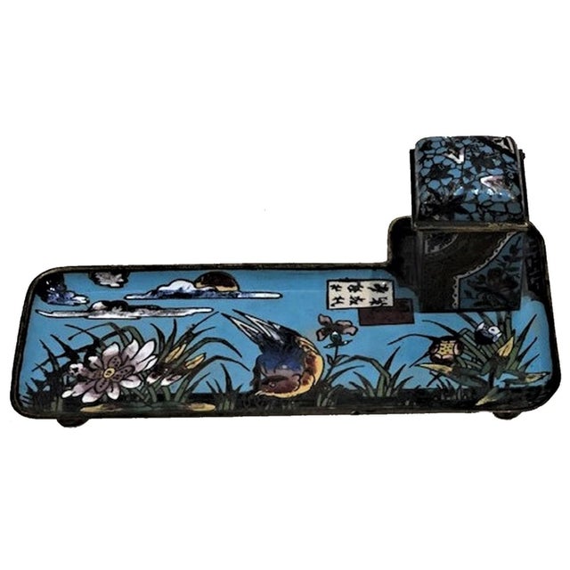 Art Deco Chinese Art Deco Enameled Bronze Inkwell w/ Bird and Flower Motif, ca. 1920 For Sale - Image 3 of 9