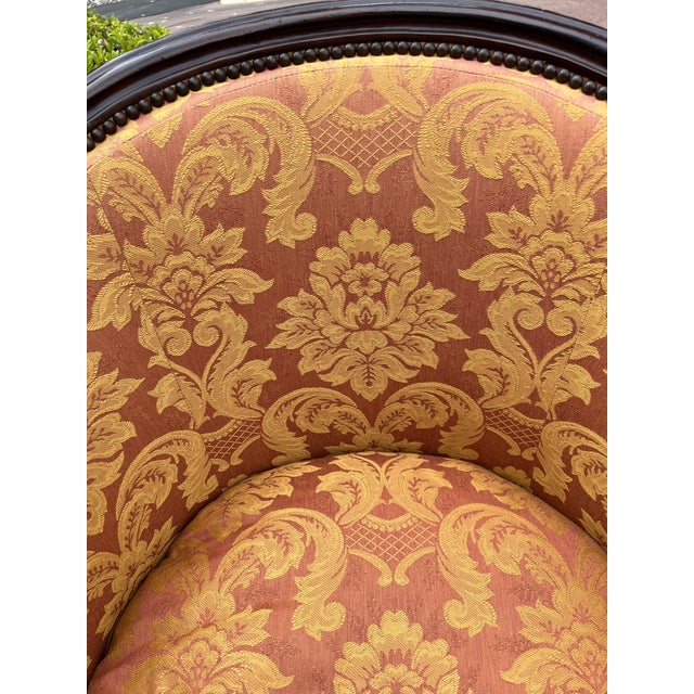 Michael Taylor Classical Style Fluted Mahogany Damask Barrel Back Armchair Elevate your space with this stately,...